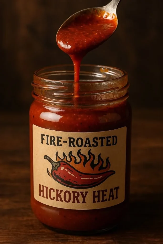 Bottle of Fire-Roasted Hickory Heat Sauce with smoky flavor