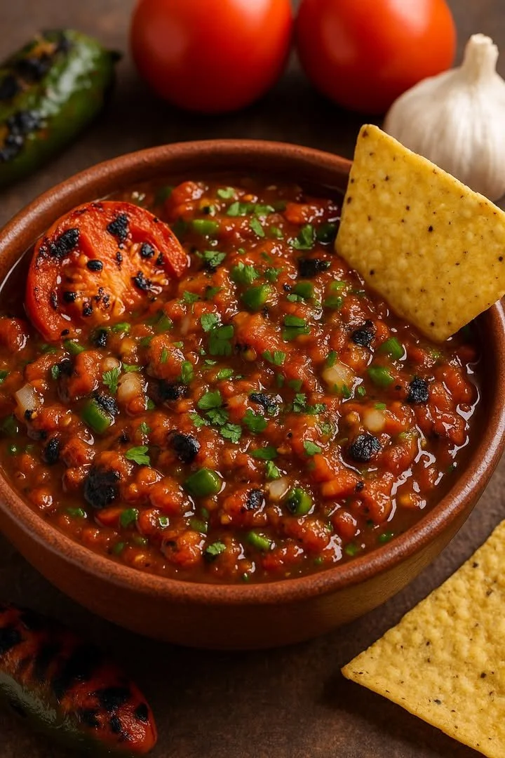 Delicious fire roasted salsa served in a bowl with tortilla chips