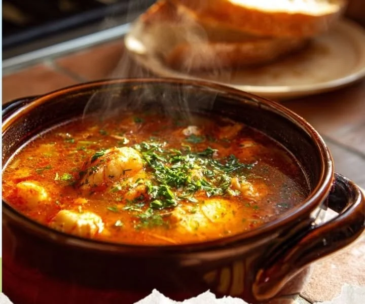 Delicious homemade fish soup garnished with fresh herbs and spices