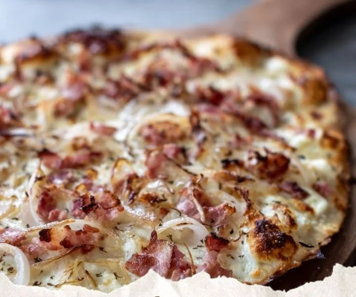 Delicious Flammekueche topped with creamy cheese and fresh ingredients