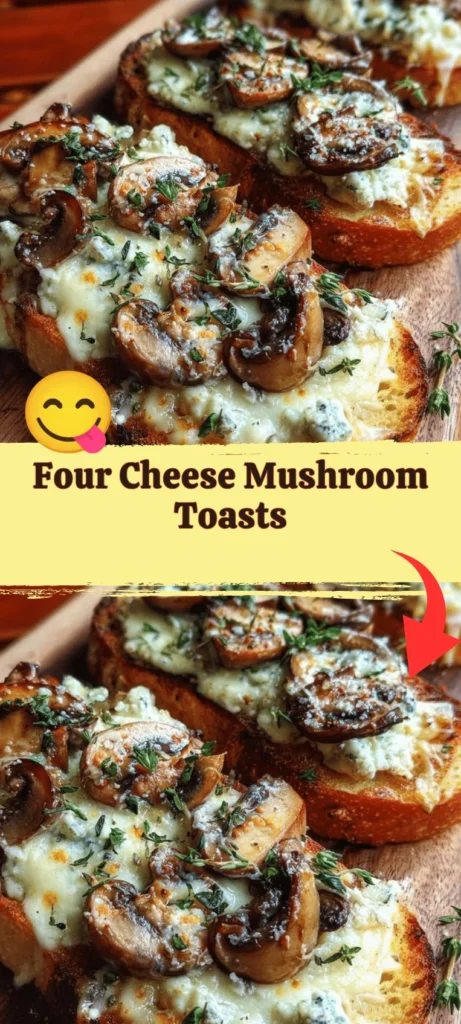 Four cheese mushroom toasts on a rustic wooden board, garnished with herbs.