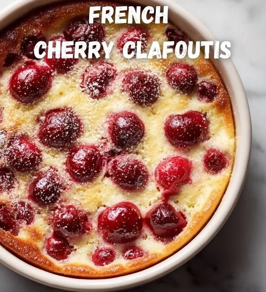 Delicious French Cherry Clafoutis dessert with fresh cherries and creamy custard