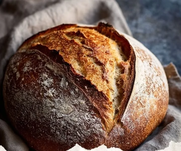 Loaf of freshly baked French Country Bread on a wooden table
