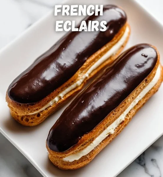 Delicious French Eclairs topped with chocolate and filled with creamy custard
