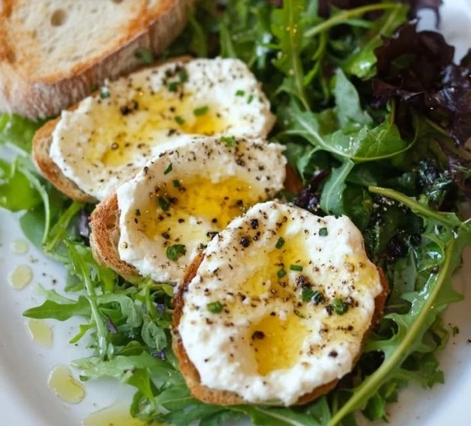 Fresh French goat cheese salad with greens and zesty dressing.