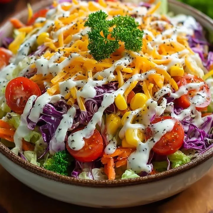 A colorful vegetable salad featuring fresh ingredients like tomatoes, cucumbers, and bell peppers.