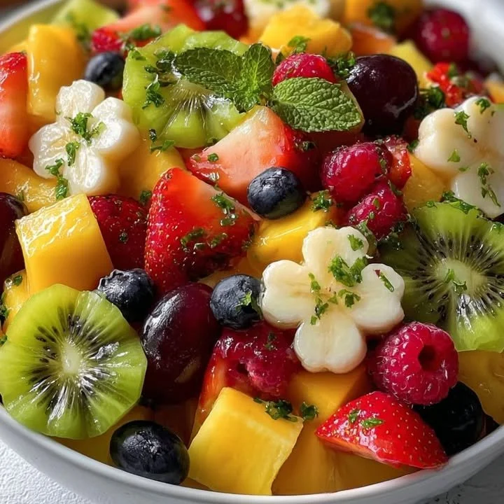 Colorful and fresh fruit salad with various fruits served in a bowl.