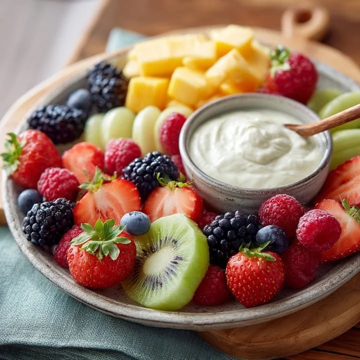 Fresh fruit tray with an assortment of fruits and creamy vanilla bean dip
