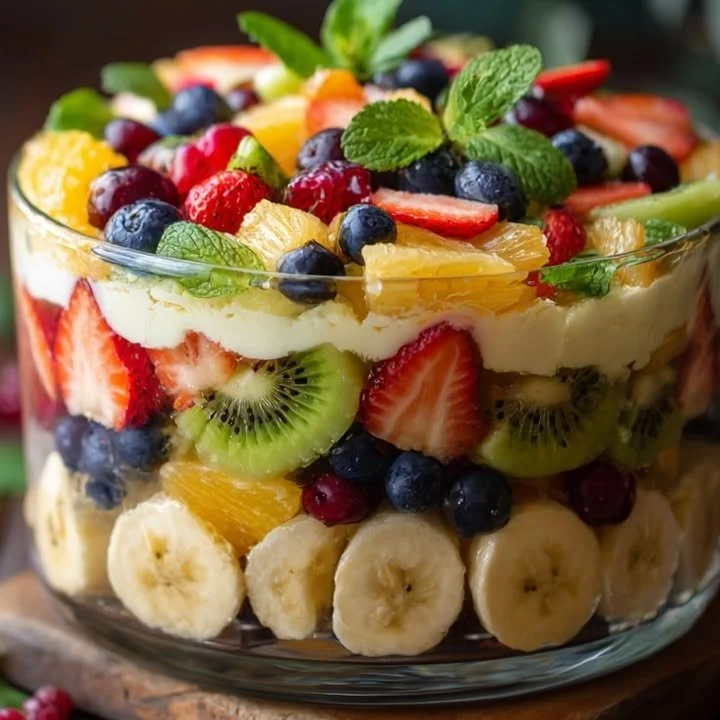 Fresh fruit trifle with layers of cream, seasonal fruits, and cake in a glass dish