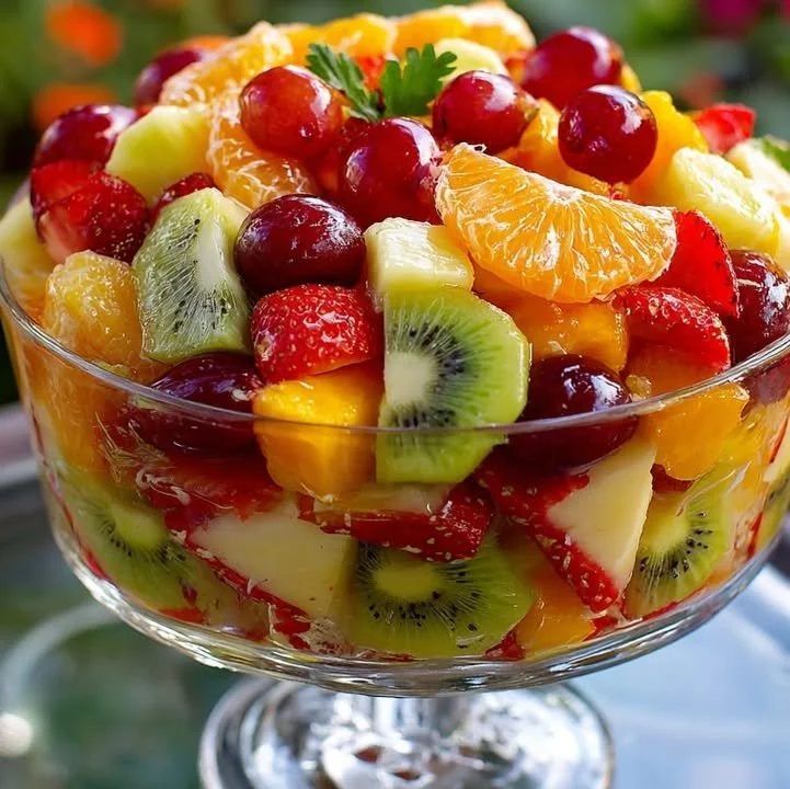 Delicious fresh and juicy fruit salad mixed with vibrant fruits