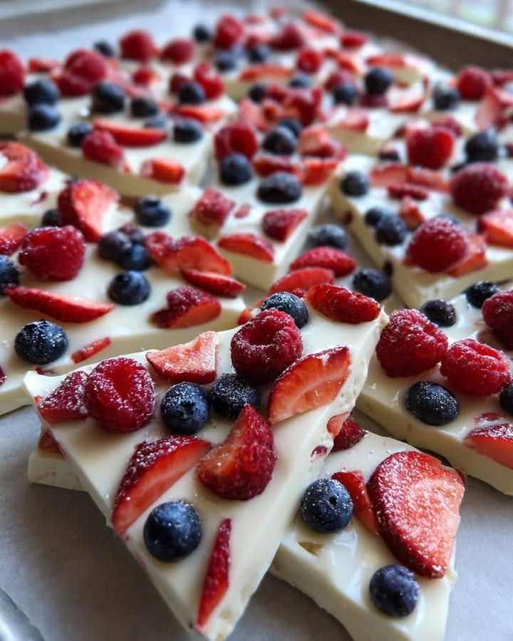 Delicious frozen yogurt bark topped with fresh berries