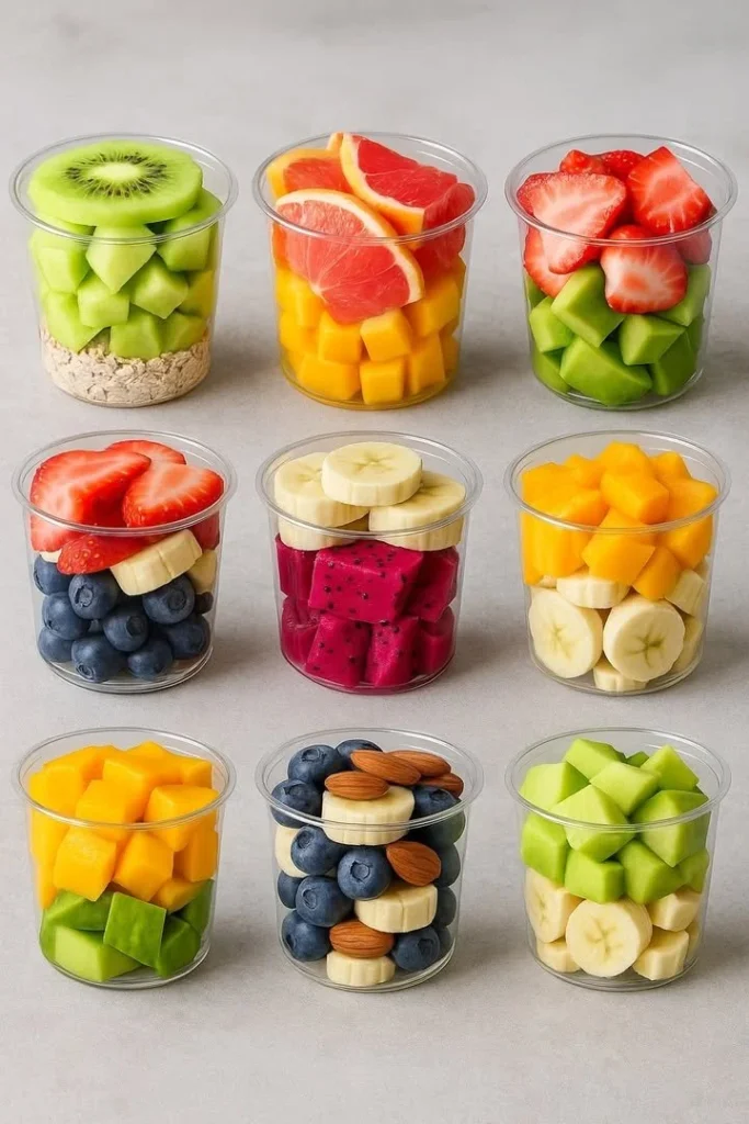 Colorful fruit and oat smoothie bowl topped with fresh berries and nuts.