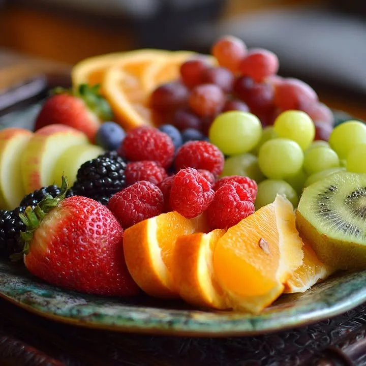 Colorful and fresh fruit platter featuring assorted fruits arranged beautifully.