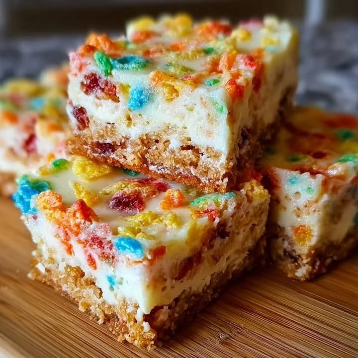 Fruity Pebbles cheesecake cookie bars with colorful cereal toppings on a plate