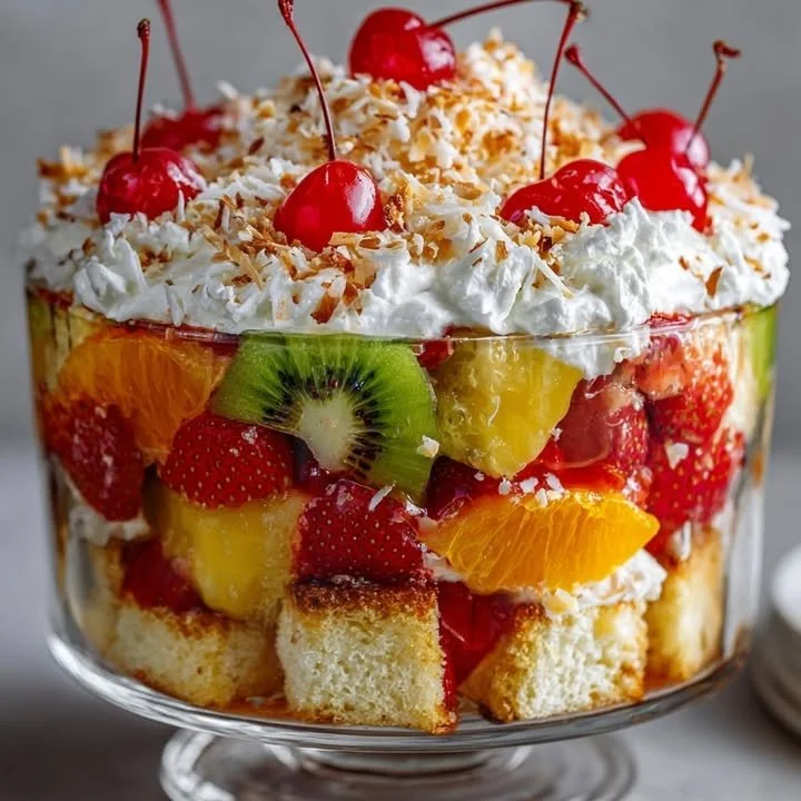 Delicious fruity trifle layered with fresh fruits and creamy layers
