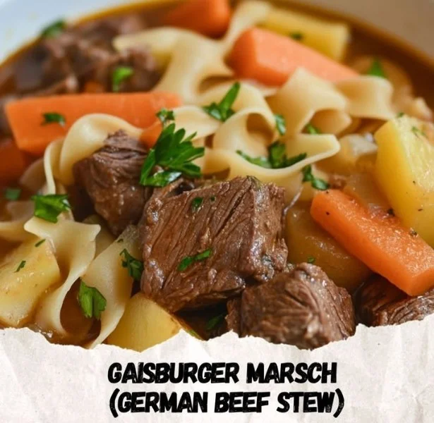 A hearty bowl of Gaisburger March, a traditional German beef stew with vegetables.