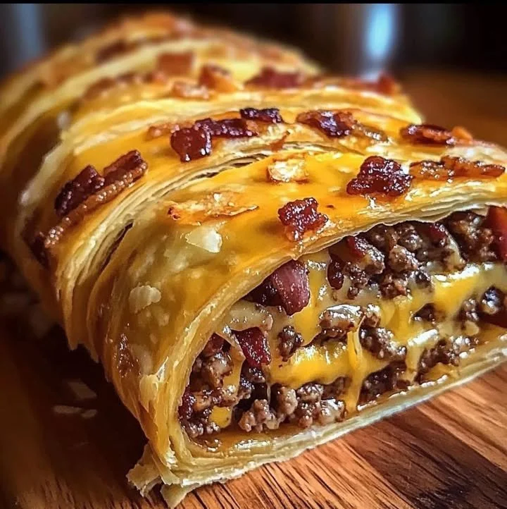 Garlic Butter Bacon Cheeseburger Rollups with melted cheese and crispy bacon