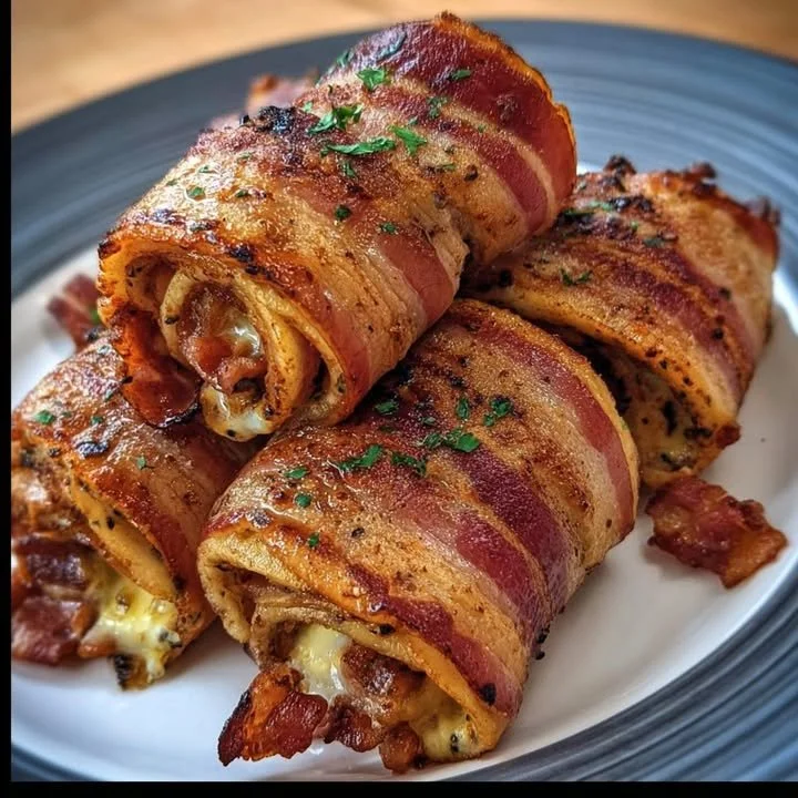 Homemade Garlic Butter Bacon Rollups served on a platter, garnished with herbs.