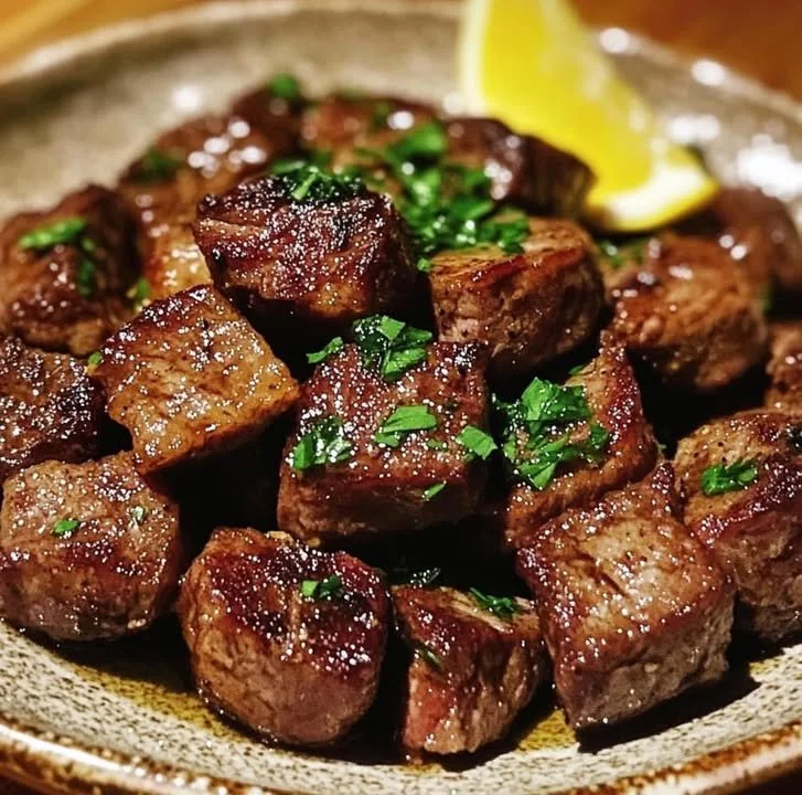 Garlic Butter Herb Steak Bites served with fresh herbs and garlic