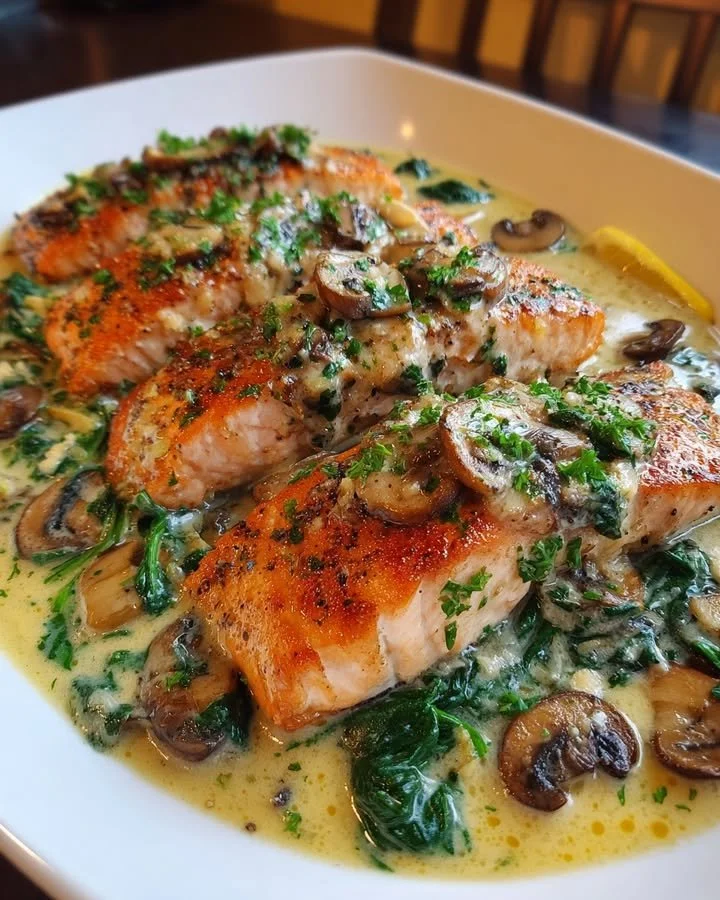 Garlic Butter Salmon served with spinach and mushrooms in a creamy sauce