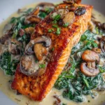 Plate of Garlic Butter Salmon with Spinach and Mushrooms in Creamy Sauce