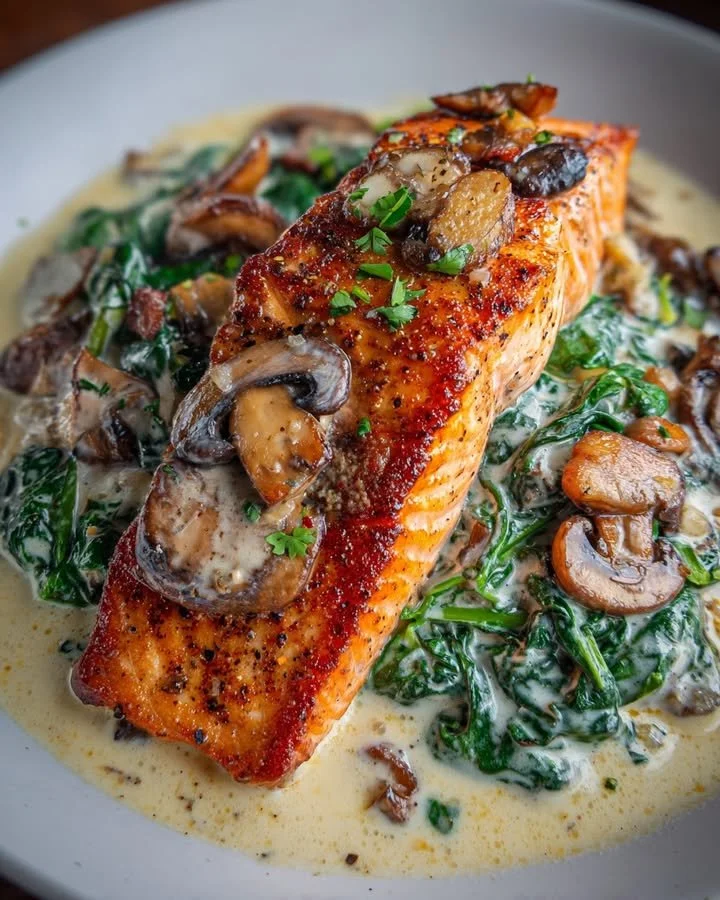 Plate of Garlic Butter Salmon with Spinach and Mushrooms in Creamy Sauce