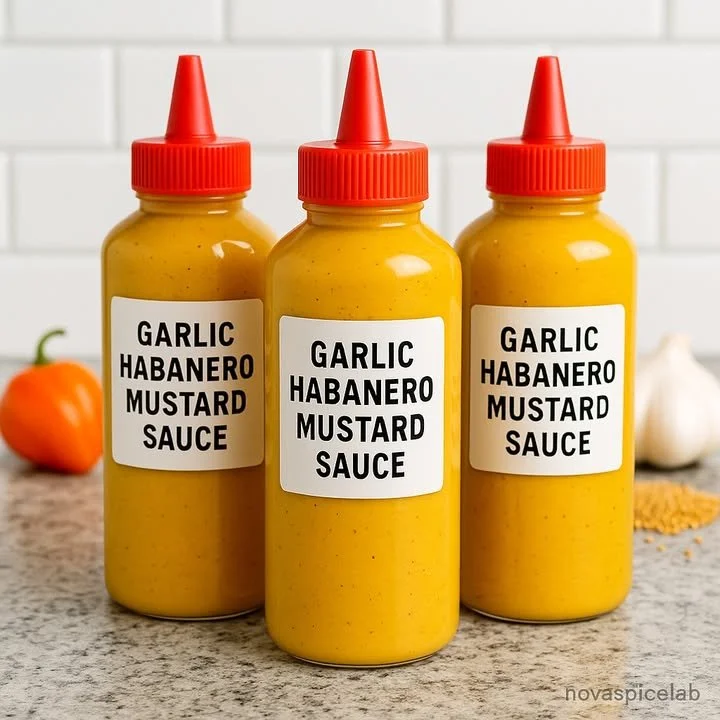 Garlic Habanero Mustard Sauce in a jar with fresh garlic and habanero peppers