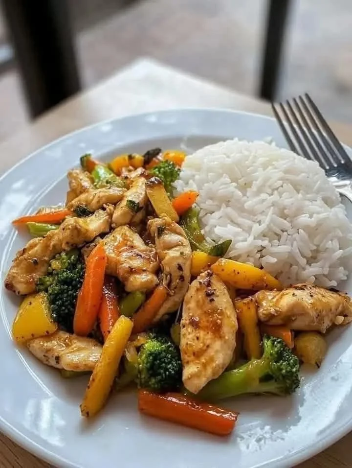 Garlic Honey Chicken Stir-Fry with Rice served in a bowl with fresh vegetables