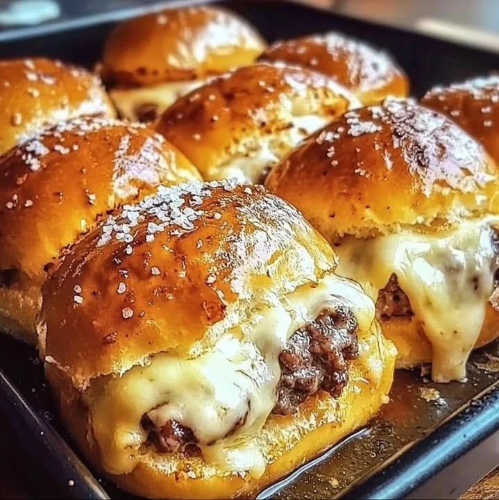 Garlic Parmesan Cheeseburger Sliders on a platter garnished with herbs