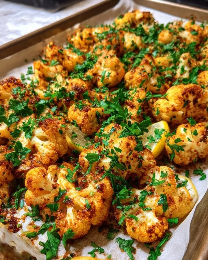 Bowl of garlic roasted cauliflower seasoned with paprika