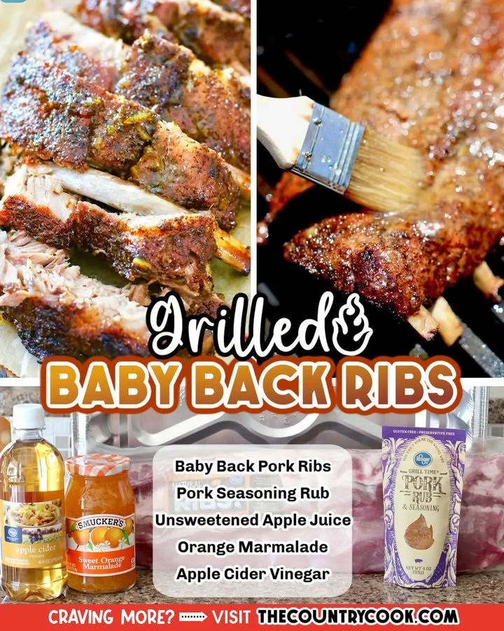 Gas grilled baby back ribs on a platter with BBQ sauce and side dishes