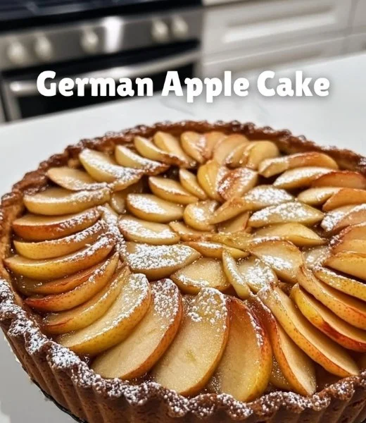 Delicious slice of German Apple Cake topped with fresh apples and whipped cream