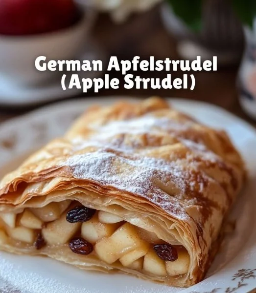 Freshly baked German apple strudel with flaky pastry and apple filling