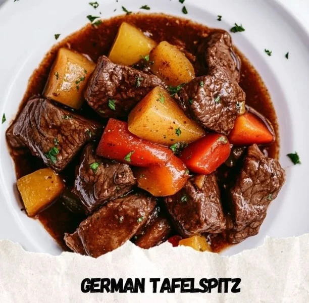 Plate of German boiled beef served with vegetables and broth.