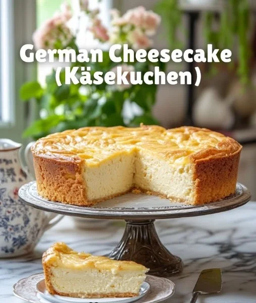 Delicious slice of traditional German Cheesecake served on a plate