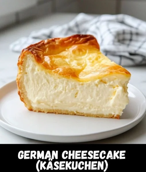 Slice of German Cheesecake with a creamy texture and fruit topping.