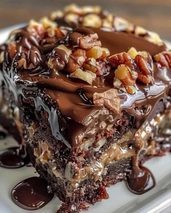 Slice of German Chocolate Poke Cake with coconut and pecan frosting