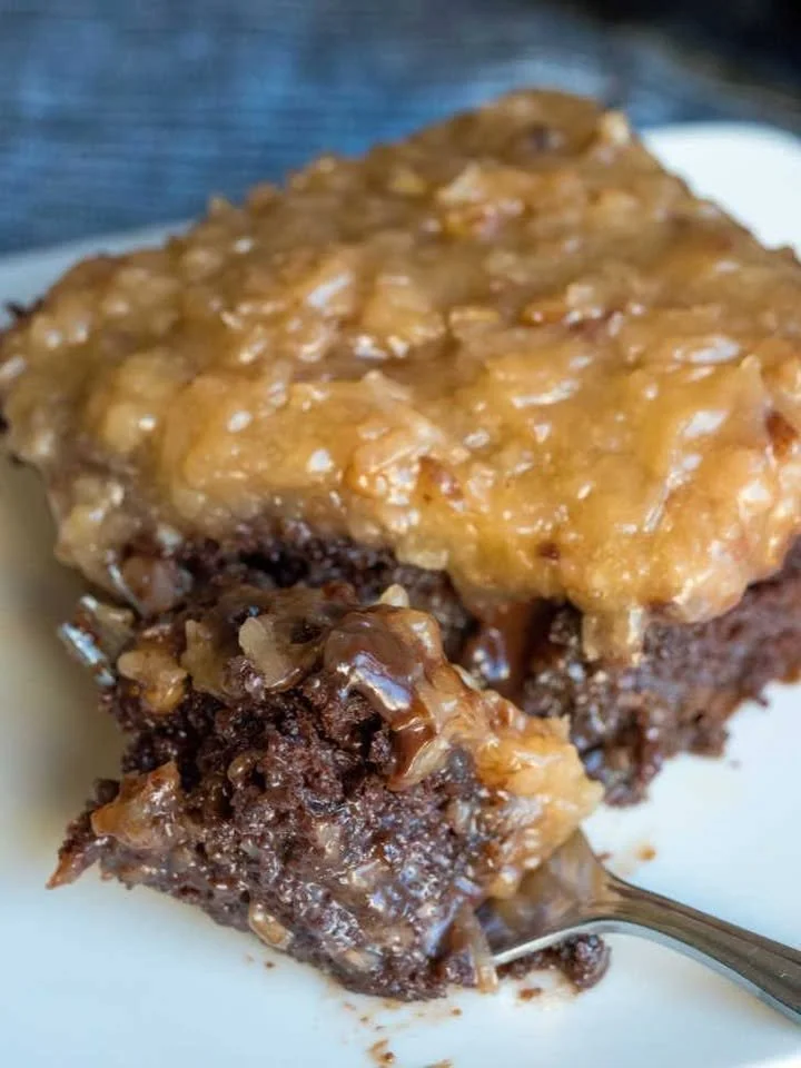 Delicious slice of German Chocolate Poke Cake with chocolate frosting and coconut topping