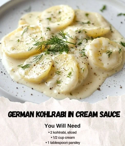 German Kohlrabi served in a creamy sauce on a plate