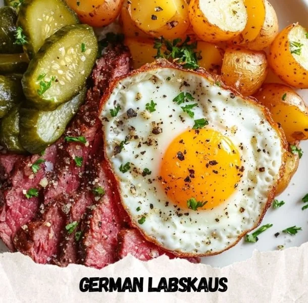 Delicious plate of traditional German Labskaus with meat, potatoes, and beetroot.