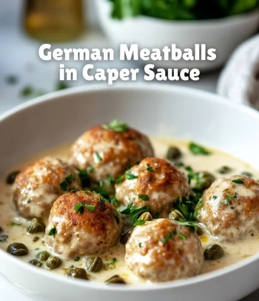 Plate of German meatballs served in caper sauce