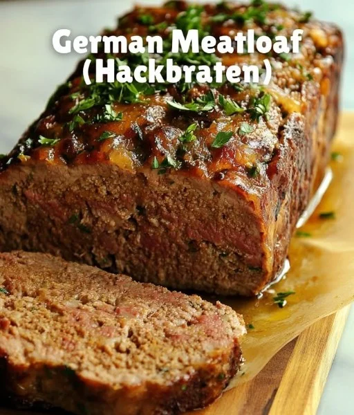 Slice of German Meatloaf served with gravy and vegetables