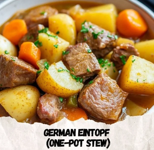 Delicious German one-pot stew served in a bowl with fresh herbs
