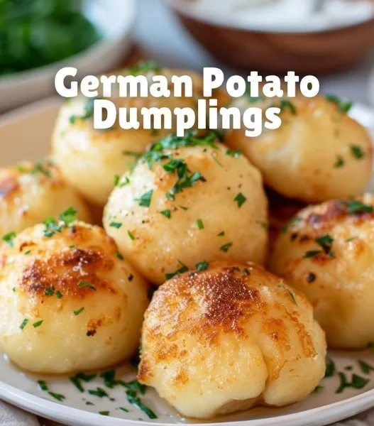 Delicious German potato dumplings served with gravy and herbs.
