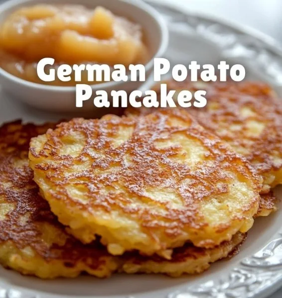 Crispy German Potato Pancakes served with applesauce on a plate.