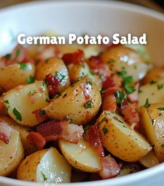 Delicious German Potato Salad served in a bowl with fresh herbs.