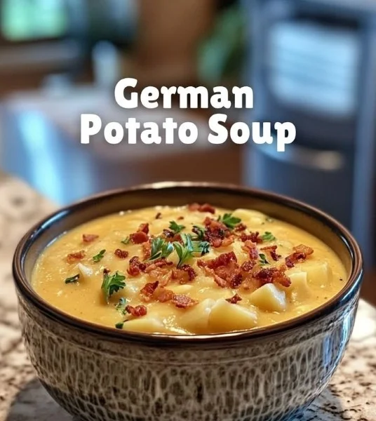 Bowl of delicious German Potato Soup garnished with herbs