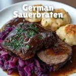 Delicious plate of Sauerbraten, traditional German pot roast with herbs and spices.