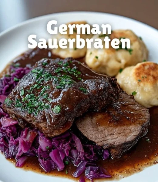 Delicious plate of Sauerbraten, traditional German pot roast with herbs and spices.