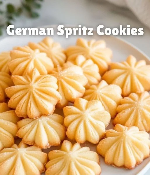A plate of homemade German Spritz cookies, golden and beautifully shaped.